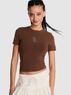Small PINK Victoria's Secret Brown Short Sleeve Tee with Rhinestone Boot